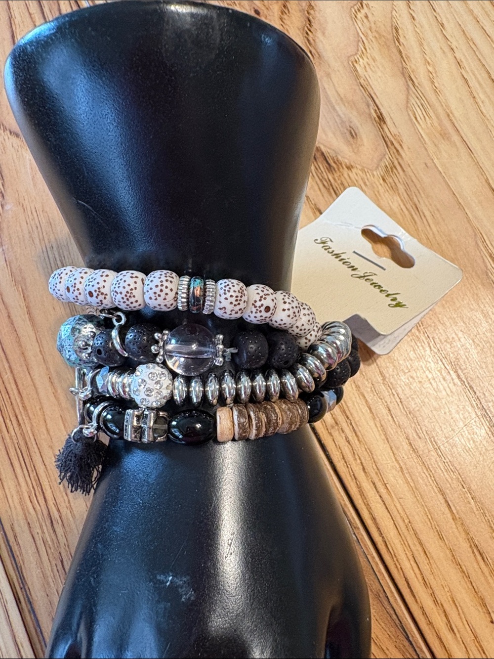 Fashion Jewelry Black, White and Silver Layered Bead Bracelet Set